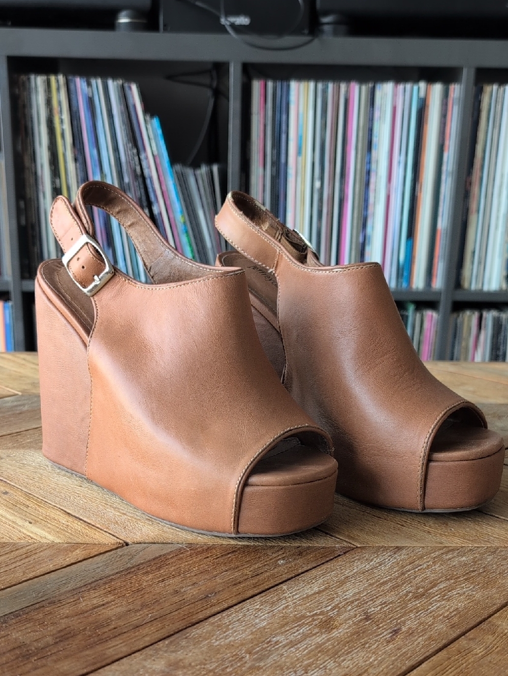 Jeffrey Campbell - SMUG - Tan Brown Leather Peep-Toe Slingback Wedge Sandals